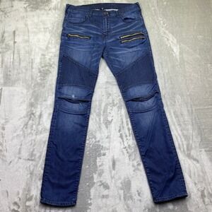True Religion Rocco Drift Moto Relaxed Skinny Jeans Blue Denim Zipper Knee Sz 32